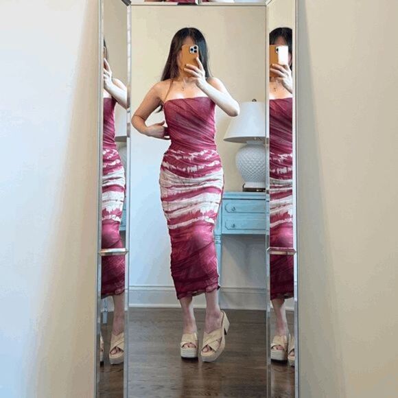 RED MARBLE TULLE CORSET MIDI DRESS ZARA MARBLE Red - Picture 3 of 16